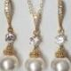 White Pearl Gold Bridal Set, Swarovski 10mm Pearl Earrings&Necklace Set, Pearl Chandelier Earrings, Pearl Pendant, Bridal Bridesmaid Jewelry