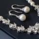 Pearl Bridal Jewelry Set, Swarovski White Pearl Earrings&Necklace Set, Pearl Cubic Zirconia Jewelry Set, Wedding Jewelry, Statement Necklace