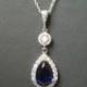 Blue Crystal Bridal Necklace, Wedding Sapphire Halo Pendant, Royal Blue Silver Necklace, Cobalt Blue Jewelry, Dark Blue Teardrop Necklace
