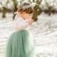 Full Length Sage Green Tulle Lace Top Scalloped Edges Back Party Flower Girl Dress
