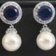 Pearl Bridal Earrings, White Navy Blue Wedding Earrings, Swarovski 10mm Pearl Drop Earrings, Pearl Bridal Jewelry, Pearl Navy Blue CZ Studs