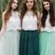 Boho Green Grey Palette Bridesmaid Separates 2020: Pistachio/Green Grey/Herbal Green Waterfall Tulle Skirt and Allure Lace Tops Plus Size
