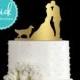 Golden Retriever Dog Wedding Cake Topper Hand Painted in Metallic Paint with Couple Kissing