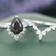 Black Rutilated Quartz ring set black engagement ring set black quartz engagement ring quartz ring vintage White Gold Pear Bridal set