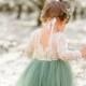 Full Length Sage Green Tulle Lace Top Scalloped Edges Back Party Flower Girl Dress