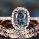 3pcs halo diamond ring oval cut Alexandrite engagement ring rose gold color change Alexandrite wedding band vintage women bridal ring set