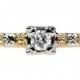 Engraved Floral Engagement Ring, Old European Cut Diamond in 14K Gold. Circa 1930s.