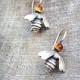 Citrine Earrings, Petite Silver Queen Bee Earrings, Cabochon set Bee Earrings, Small Bee Dangle Earring, Modern Citrine Silver Bee Earrings