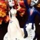 Day of the dead wedding cake topper Halloween wedding Dia de los muertos Wedding on a bicycle Gothic style A couple of wedding skeletons