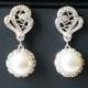 Pearl Bridal Earrings, Swarovski White Pearl Silver Earrings, Wedding Pearl Halo Earrings, Wedding Pearl Jewelry, Vintage Style Earrings