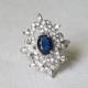 Navy Blue Teardrop Ring, Rhodium Plated Dark Blue Halo Ring, Sapphire Blue Crystal Ring, Navy Blue Jewelry, Dark Blue Women Jewelry