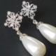 Bridal Pearl Teardrop Earrings, Swarovski White Pearl Wedding Earrings, Pearl CZ Silver Earrings, Bridesmaids Jewelry, Pearl Dangle Earrings
