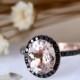 Black Diamond Halo Engagement Ring, 8*10mm Oval Cut Natural Morganite Wedding Ring, 14K Rose Gold Bridal Ring, Promise Ring