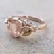 Peach sapphire leaf ring.  Engagement ring with leaves. 14k rose gold with peach Sapphire and diamonds.
