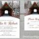 Romantic Rustic Christmas Wedding Invitation,Covered Bridge,Evergreen Wreath,Snow,Pine Tree Forest,Red Barn Wood,Rustic Fence,Printed