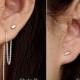 2-in-1 Double piercing earrings Sterling silver threader earrings/Tiny CZ bar studs earrings Geometric cube earrings Two hole connected lobe