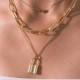 Multi-Layer Lock Pendant Rectangle Cable Chain Necklace - Gold Silver Tone Lock and Heart Charm Choker Necklace - Fashion Statement Jewelry
