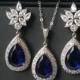 Blue Sapphire Halo Crystal Bridal Set, Navy Blue Earrings&Necklace Jewelry Set, Wedding Royal Blue Teardrop Set, Blue Crystal Bridal Jewelry