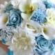Wedding Bouquet, Artificial Flower Bouquet, Real Touch Rose and calla lily Bride Bouquets, blue and white