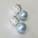 Blue Pearl Earrings, Swarovski 8mm Light Blue Earring Studs, Dusty Blue Pearl Bridal Earrings, Dainty Blue Pearl Earrings, Blue Halo Studs