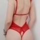CUSTOM SIZE! Crotchless Erotic Red lingerie bodysuit made of lace, Plus Size Lingerie, Sheer Lingerie, Crotchless Panties, Shelf bra