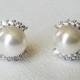 White Pearl Halo Earrings, Swarovski Pearl CZ Earrings, Bridal Pearl Silver Earring Studs, Wedding Pearl Bridal Jewelry, Dainty Pearl Studs