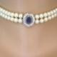 Vintage Pearl Choker Necklace, Montana Sapphire Rhinestone Pendant, Attwood & Sawyer