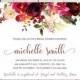 Fall Bridal Shower Invitation, Boho Bridal Shower Invitation, Maroon, Floral, Printable, Printed, Marsala, Burgundy, Feather
