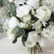 Creamy White Austin Rose & Ranunculus Bouquet for Weddings/Bride/Bridesmaids/Quinceanera/Vase, Realistic White and Green Silk Flower Bouquet