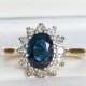 Vintage 18ct Gold Sapphire & Diamond Cluster Engagement Ring, September Birthstone, Anniversary Gift, Free Shipping