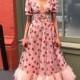 Sweet Strawberry Tulle Dress, Sequin Maxi Dress Ruffle Puff Sleeve Bow Pink Mesh Dress