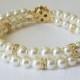 Pearl Cuff Bridal Bracelet, Swarovski Ivory Colored Pearl Gold Bracelet, Wedding Pearl Bracelet, Two Strands Pearl Bracelet, Bridal Jewelry