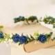 Royal blue flower crown wedding, dainty floral crown first communion confirmation, cobalt blue hair wreath, navy blue flower halo