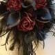 Custom Wedding Bouquet - Sola Wood Flowers in Dark Red, Black Calla Lily, Monkeys Tail, Branches, Feathers, Lace, Gothic Halloween Bride