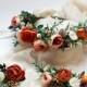 Boho flower hairpiece, Burnt orange crown, Coral floral headpiece, Bridal flower crown, Fall wedding, Rustic wedding hairpiece, Orange crown