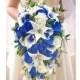 Real Touch Royal Blue Picasso Calla Lilies Royal Blue Ivory Roses White Tiger Lilies, Eucalyptus Hops Ruscus Thistle Cascade Bridal Bouquet