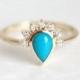 Elegant Turquoise Ring with Diamond Crown, Half Halo Diamond Engagement Ring, Pear Engagement 14k 18k