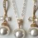 Pearl Gold Bridal Jewelry Set, Swarovski White Pearl Earrings&Necklace Set, Bow Wedding Earrings, White Pearl Bridal Set, Wedding Jewelry