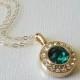 Green Halo Gold Necklace, Swarovski Emerald Crystal Pendant, Wedding Green Round Necklace, Emerald Necklace, Gold Emerald Crystal Jewelry