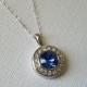 Sapphire Silver Necklace, Swarovski Sapphire Halo Pendant, Blue Crystal Wedding Necklace Sapphire Jewelry Blue Round Pendant Bridal Necklace