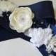 Navy Blue White Wedding Sash, Floral Rustic Flower Girl Sash, Maternity Blue Sash, Navy Blue Dress Sash, Blue Satin White Flower Bridal Belt