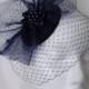Navy Veiled Fascinator - Midnight Blue Curl Feather Veil & Crinoline Wedding Fascinator Percher Mini Hat Ascot Derby - Made to Order