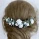 White wedding hair piece, white flower hair clip, white and greenery hair accessories, floral hair vine, bridal headpiece, greenery leaf hai