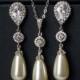 Pearl Bridal Jewelry Set, Swarovski Ivory Pearl CZ Earrings Necklace Set, Teardrop Pearl Chandelier Earrings, Single Pearl Silver Pendant