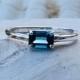 London Blue Topaz Ring, London Blue Topaz Engagement Ring, Emerald Cut Blue Topaz, Solitaire Setting, Stacking Ring, East West Setting