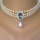Vintage Pearl And Rhinestone Choker, 3 Strand Pearl Choker, Black Diamond Pendant, Pearl And Diamante Necklace, Pearl Bridal Choker, Deco
