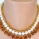 Amber And Pearl Choker, Pearl And Amber Glass, Glass Bead Collar, Vintage French Pearl Choker, Bridal Jewelry, Cognac Topaz