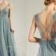 Bridesmaid Dress Dusty Blue Tulle Party Dress Long Lace Wedding Dress Illusion V Neck Prom Dress Sexy Back A-line Formal Dress(LS508)