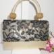 Vintage Gold Evening Bag, Black Lace Trim, Small Gold Beaded Handbag, Glam Bag  EB-0060