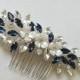 Navy Blue Bridal Hair Comb, Blue Crystal Hairpiece, Wedding Dark Blue Headpiece, Navy Crystal Hair Jewelry, Blue Floral Silver Hairpiece